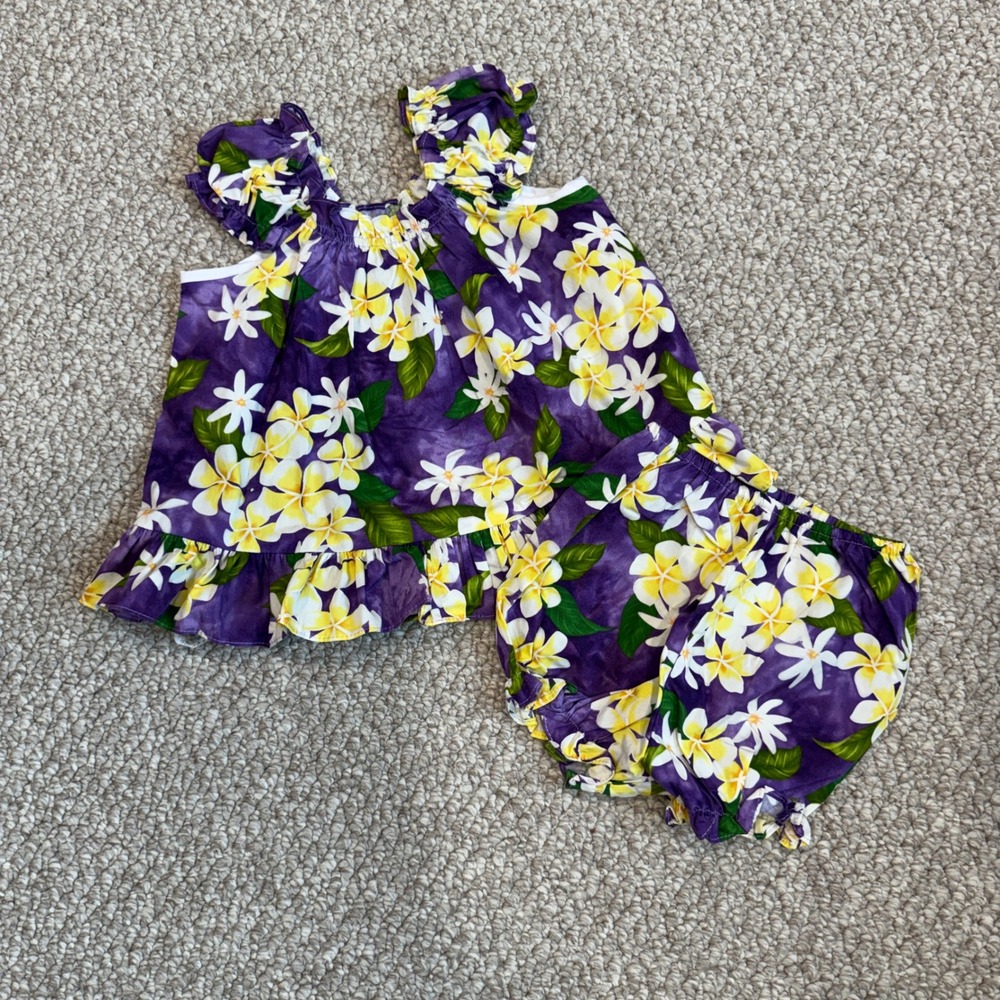 Local Design Hawaii Girls Purple Plumeria Floral Top and Bloomers Set Size 3-4